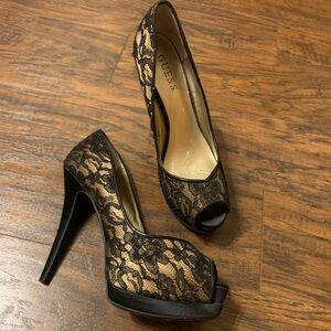 GUESS Platform Peep-toe Lace Covered Stilettos